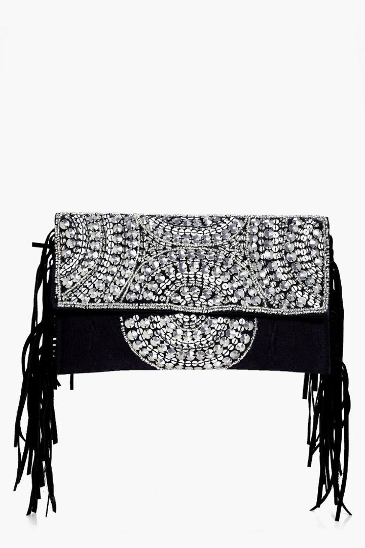 Boohoo Felicity Embellished Tassel Cross Body Bag Black