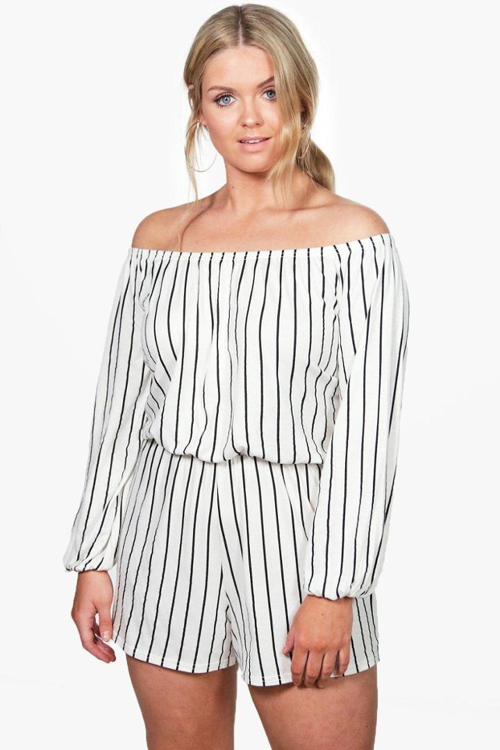 Boohoo Plus Diana Stripe Off The Shoulder Playsuit White