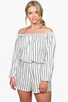 Boohoo Plus Diana Stripe Off The Shoulder Playsuit White