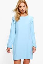 Boohoo Suvi Long Sleeved Ruffle Shift Dress Bluebell