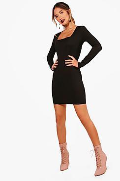 Boohoo Freya Square Neck Ribbed Bodycon Dress