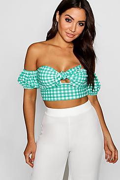 Boohoo Julia Gingham Tie Front Bardot Crop