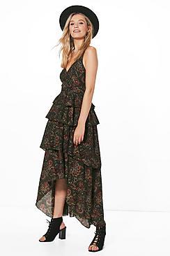 Boohoo Amy Ruffle Tiered Paisley Maxi Dress