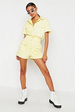 Boohoo Lemon Utility Denim Playsuit