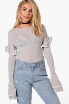 Boohoo Sophie Ruffle Sleeve Fine Knit Jumper Grey