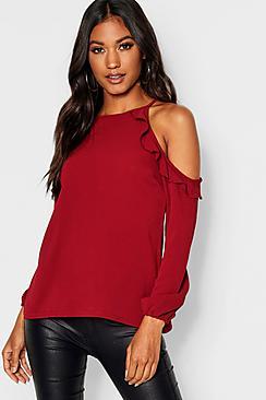 Boohoo Ruffle Cold Shoulder Long Sleeve Blouse