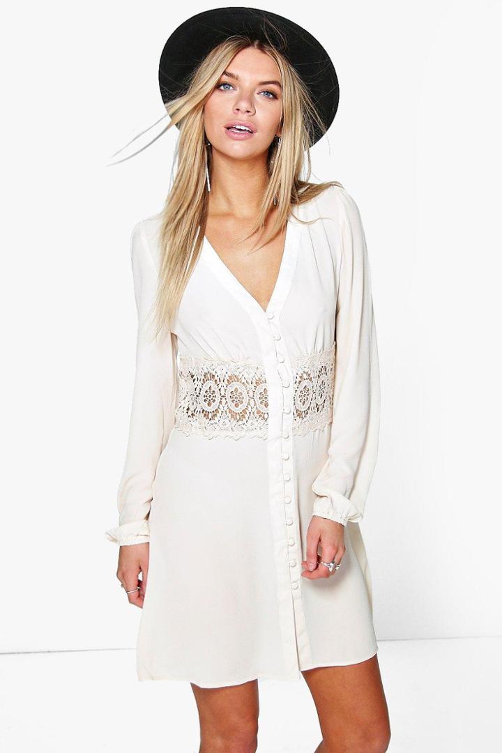 Boohoo Carrey Lace Waist Trim Shirt Dress Cream