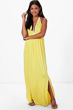 Boohoo V Neck Trim Halter Neck Maxi Dress