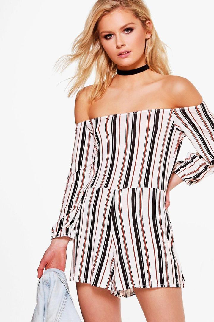 Boohoo Julia Off The Shoulder Jersey Playsuit Multi