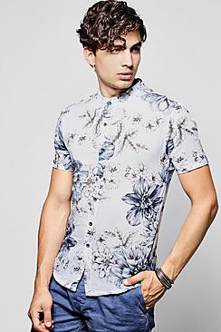 Boohoo Short Sleeve Large Floral Print Grandad Collar Shirt