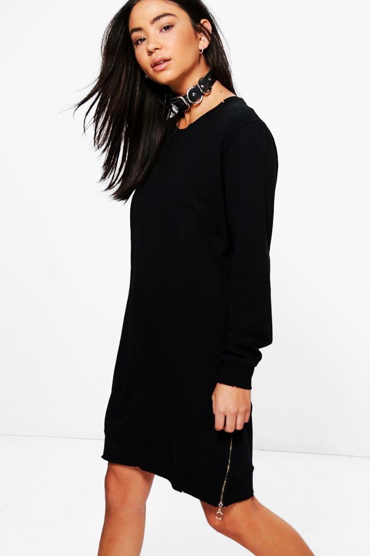 Boohoo Taylor Zip Distressed Edge Sweat Dress Black