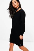 Boohoo Taylor Zip Distressed Edge Sweat Dress Black