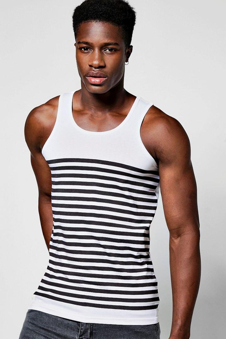 Boohoo Muscle Fit Stripe Print Tank Top White