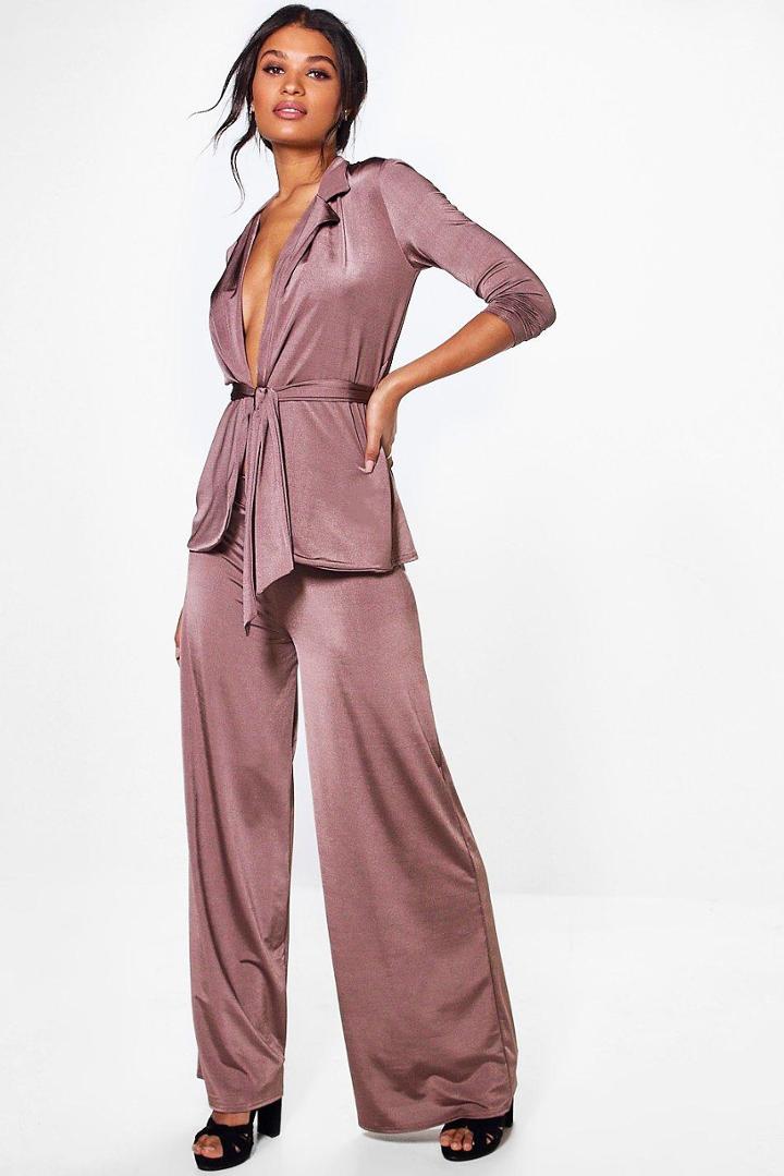Boohoo Chelsea Tie Waist Slinky Blazer & Trouser Co-ord Mocha