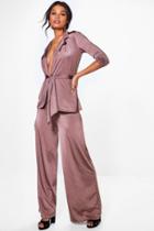 Boohoo Chelsea Tie Waist Slinky Blazer & Trouser Co-ord Mocha