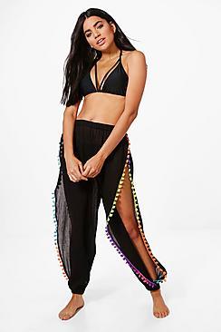 Boohoo Phoebe Rainbow Pom Pom Split Leg Beach Trouser