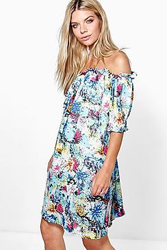 Boohoo Maisie Off The Shoulder Printed Dress