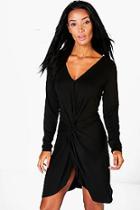 Boohoo Rue Knot Wrap Long Sleeve Bodycon Dress