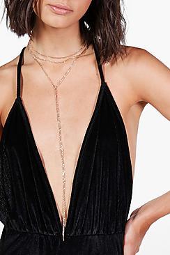 Boohoo Lucy Choker Tie Chain Plunge Layered Necklace