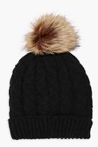 Boohoo Cable Knit Faux Fur Pom Beanie