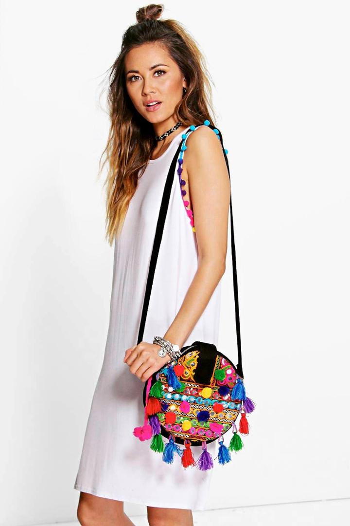 Boohoo Karie Multi Coloured Pom Pom T-shirt Dress White
