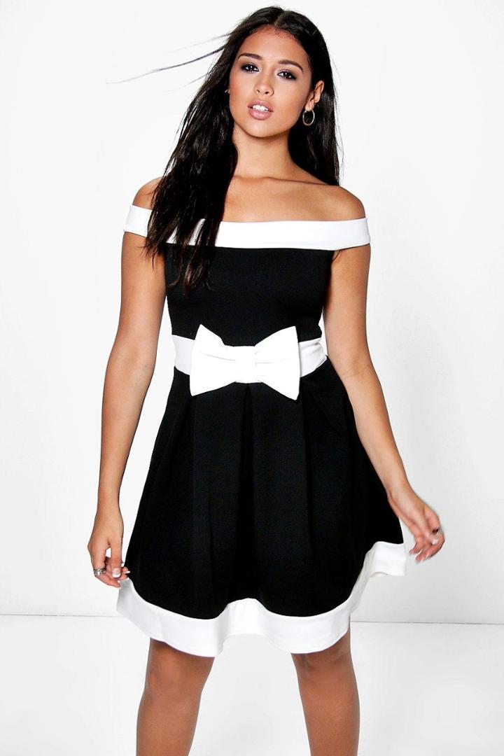 Boohoo Denise Bow Detail Bardot Skater Dress Black