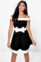 Boohoo Denise Bow Detail Bardot Skater Dress Black