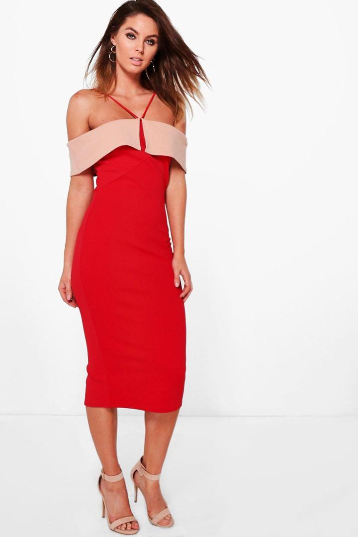 Boohoo Finola Contrast Fold Over Detail Midi Dress Red