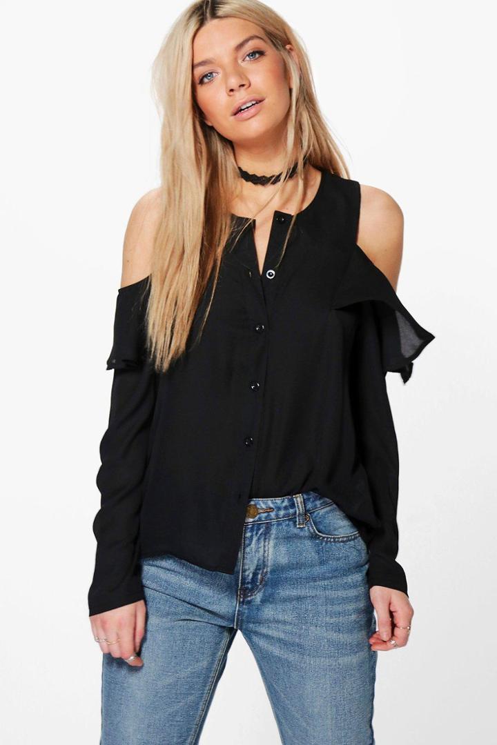 Boohoo Samantha Cold Shoulder Ruffle Shirt Black