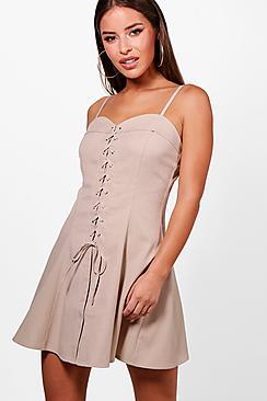 Boohoo Petite Lace Up Detail Woven Skater Dress