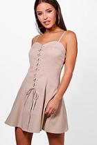 Boohoo Petite Lace Up Detail Woven Skater Dress