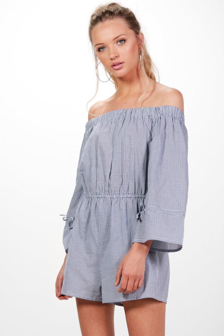 Boohoo Alyssa Off The Shoulder Gingham Playsuit Blue