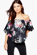 Boohoo Aimee Floral Curved Hem Bardot Top Black