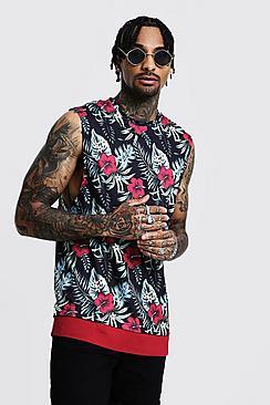 Boohoo Tropical Print Drop Armhole Tank With Faux Layer