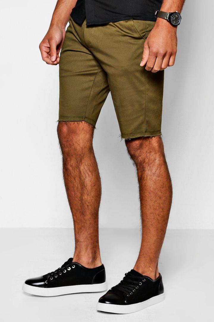 Boohoo Khaki Skinny Fit Raw Edge Chino Short Khaki