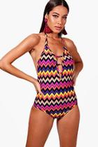 Boohoo Morroco Zig Zag Print Strappy Front Swimsuit