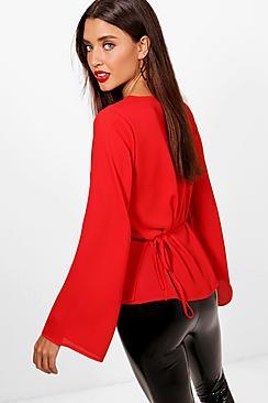 Boohoo Khloe Bell Sleeve Tie Waist Top