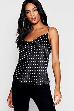 Boohoo Tall Satin Polka Dot Cowl Neck Cami