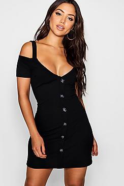 Boohoo Cold Shoulder Button Down Mini Dress