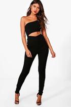 Boohoo Mia Cut Out Detail One Strap Skinny Jumpsuit