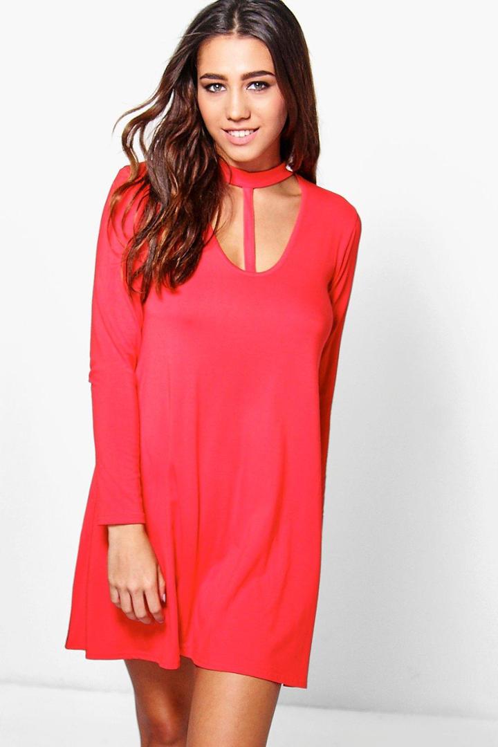 Boohoo Karen Choker Detail Swing Dress Poppy