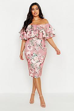 Boohoo Plus Off Shoulder Floral Ruffle Midi Dress