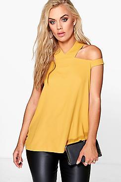 Boohoo Plus Zoe Open Shoulder Halter Neck Woven Top