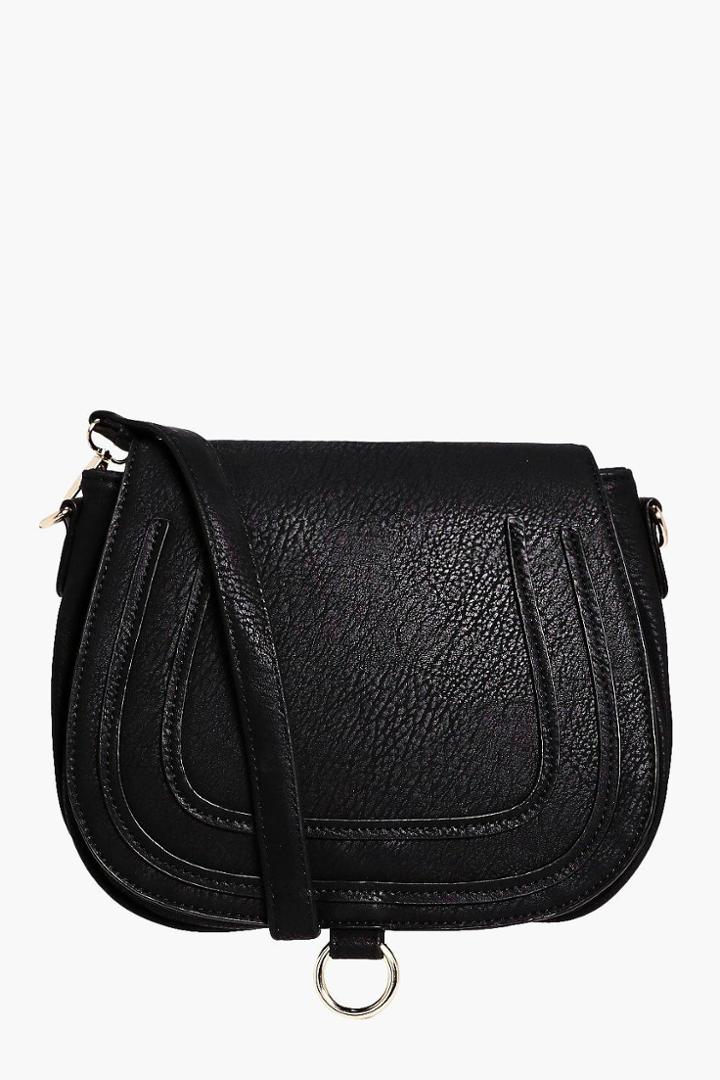 Boohoo Isabelle Emboss & Ring Saddle Cross Body Black