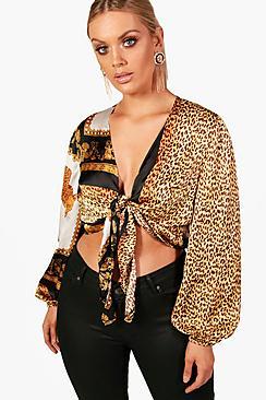 Boohoo Plus Kirsty Chain Print Tie Front Top