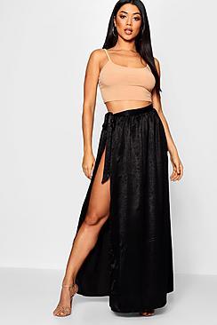 Boohoo Woven Hammered Satin Tie Maxi Skirt