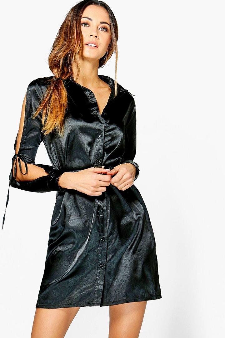 Boohoo Rhiannon Satin Lace Up Shirt Dress Black