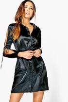 Boohoo Rhiannon Satin Lace Up Shirt Dress Black