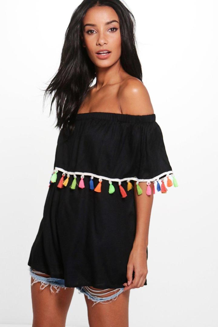 Boohoo Heidi Bright Tassel Hem Off The Shoulder Top Black