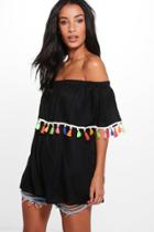 Boohoo Heidi Bright Tassel Hem Off The Shoulder Top Black